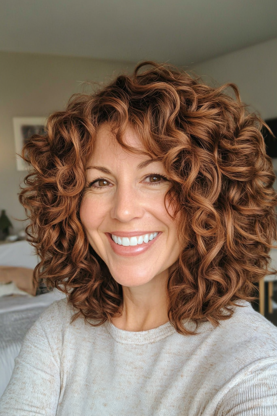 14. Karamellbraun strukturierter Shag (lockige Frisuren für Frauen über 40) - lockige Frisuren für Frauen über 40