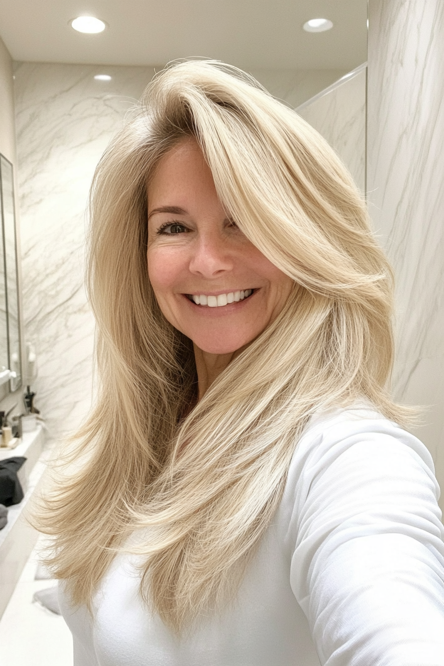 14. Champagner Blonde wispige Schichten (längere Frisuren für ältere Frauen) - Längere Frisuren für ältere Frauen