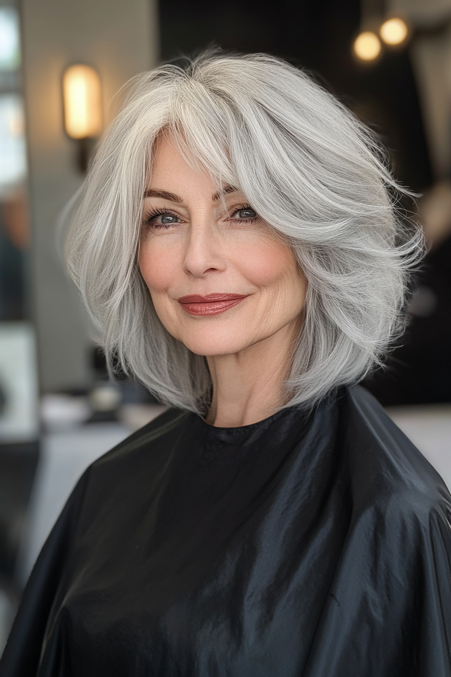 14. Klassischer silberschichtiger Shag (Haarschnitte für Frauen über 50 mit grauem Haar) - Haarschnitte für Frauen über 50 mit grauen Haaren