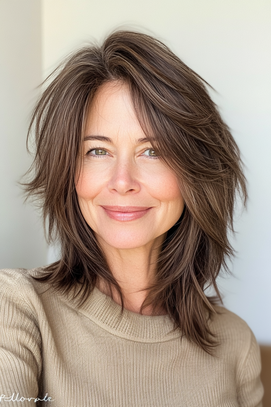 14. Kakao abgehacktes Lob mit Vorhangbonden (kantige Frisuren für Frauen über 60) - kantige Frisuren für Frauen über 60