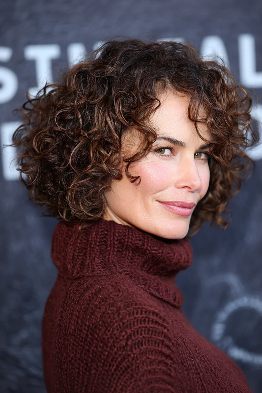 14. Curly Lob mit weichen Highlights (Mahagonibraun) (Kurze gewellte Frisuren für Frauen über 40) – Kurze gewellte Frisuren für Frauen über 40