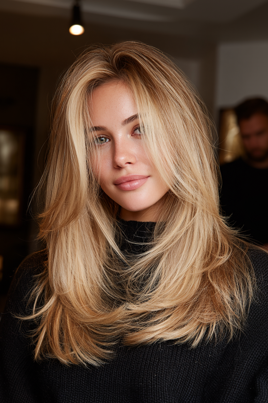 14. Vorhangschichten mit sonnenverwöhntem blonden (geschichteten Frisuren) - Geschichtende Frisuren