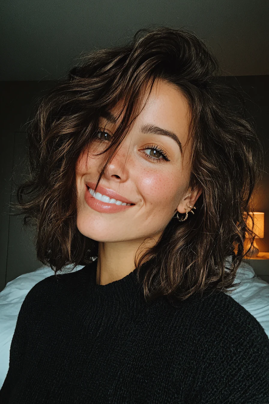 14. Dunkelbrauner gewellter Locken-Mix-Schnitt (kurze Lockenfrisuren) – Kurze Lockenfrisuren