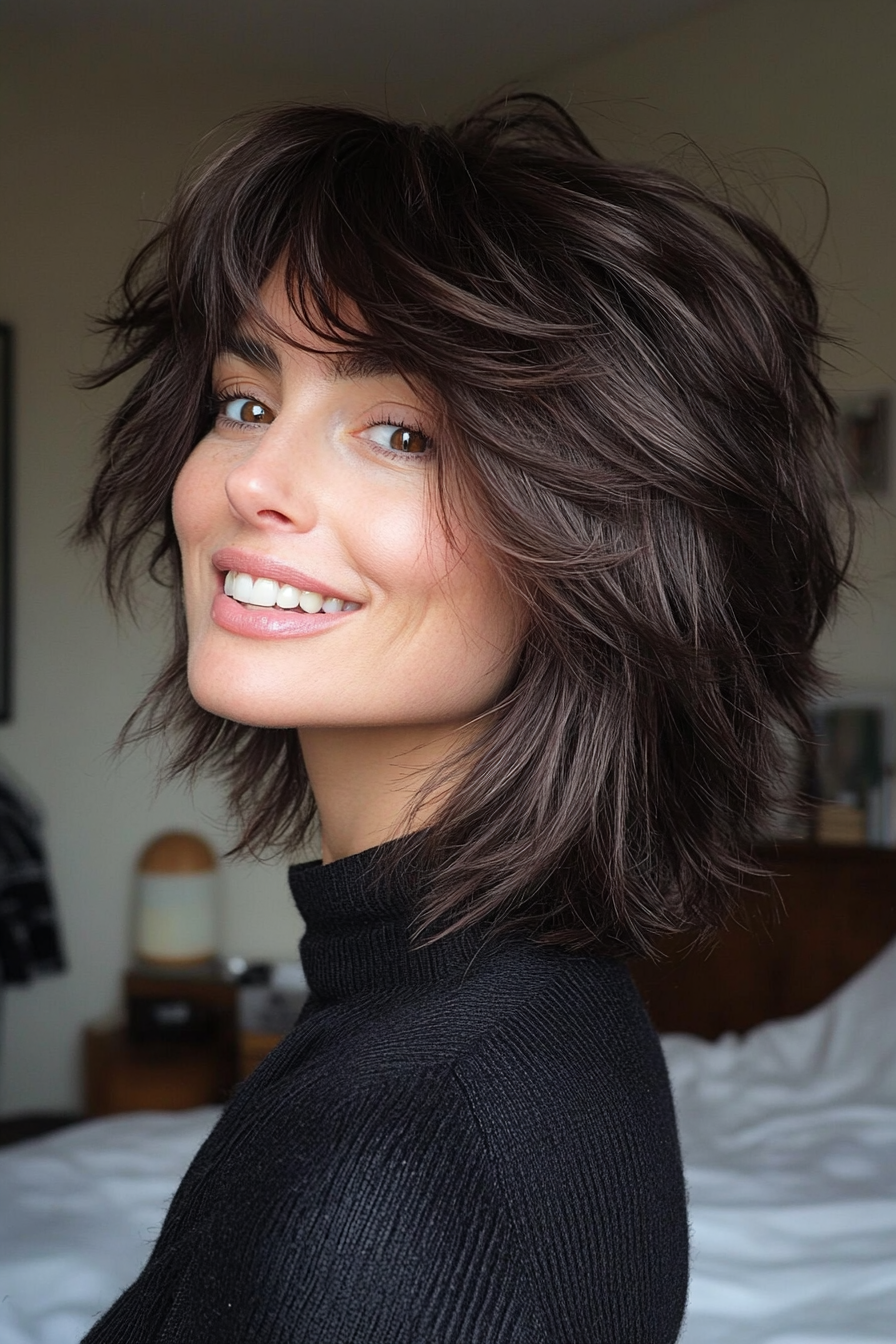14. Tiefbrauner Retro -Shag (zottelige Haarschnitte für dickes Haar) - zottelige Haarschnitte für dickes Haar