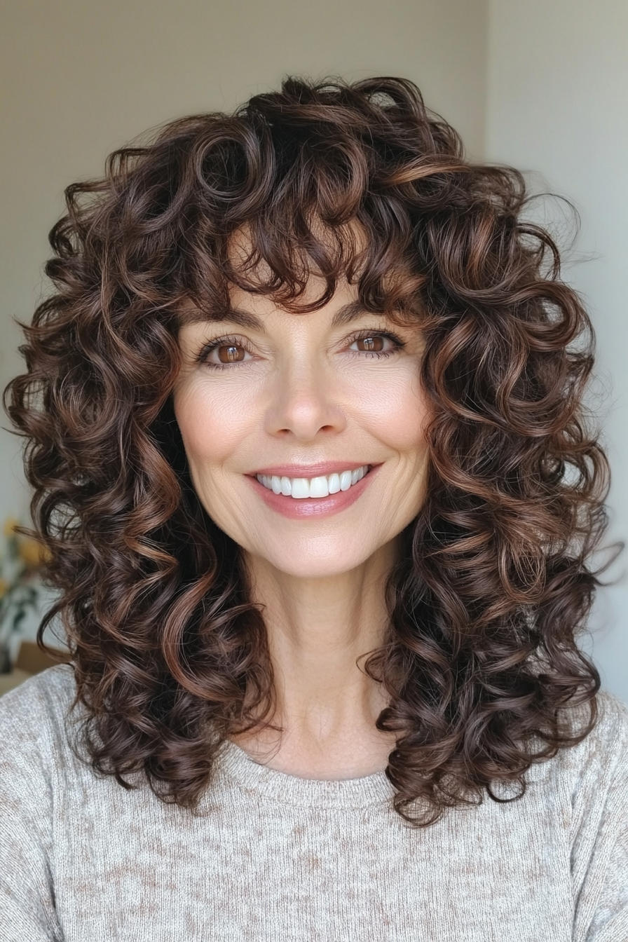 14. Elegante Locken mit dunkler Mahagoni -Tiefe (lockige Frisuren für Frauen über 50 mit Pony) - lockige Frisuren für Frauen über 50 mit Pony