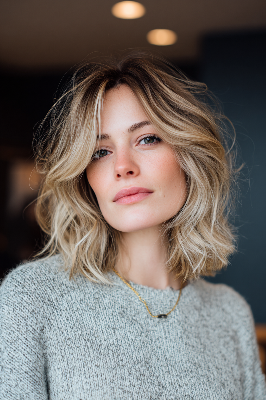 14. Gesichtsfeindung mit cremigem beige Balayage (mittelgroße Frisuren für ältere Frauen mit welligem Haar) - mittelgroße Frisuren für ältere Frauen mit welligem Haar