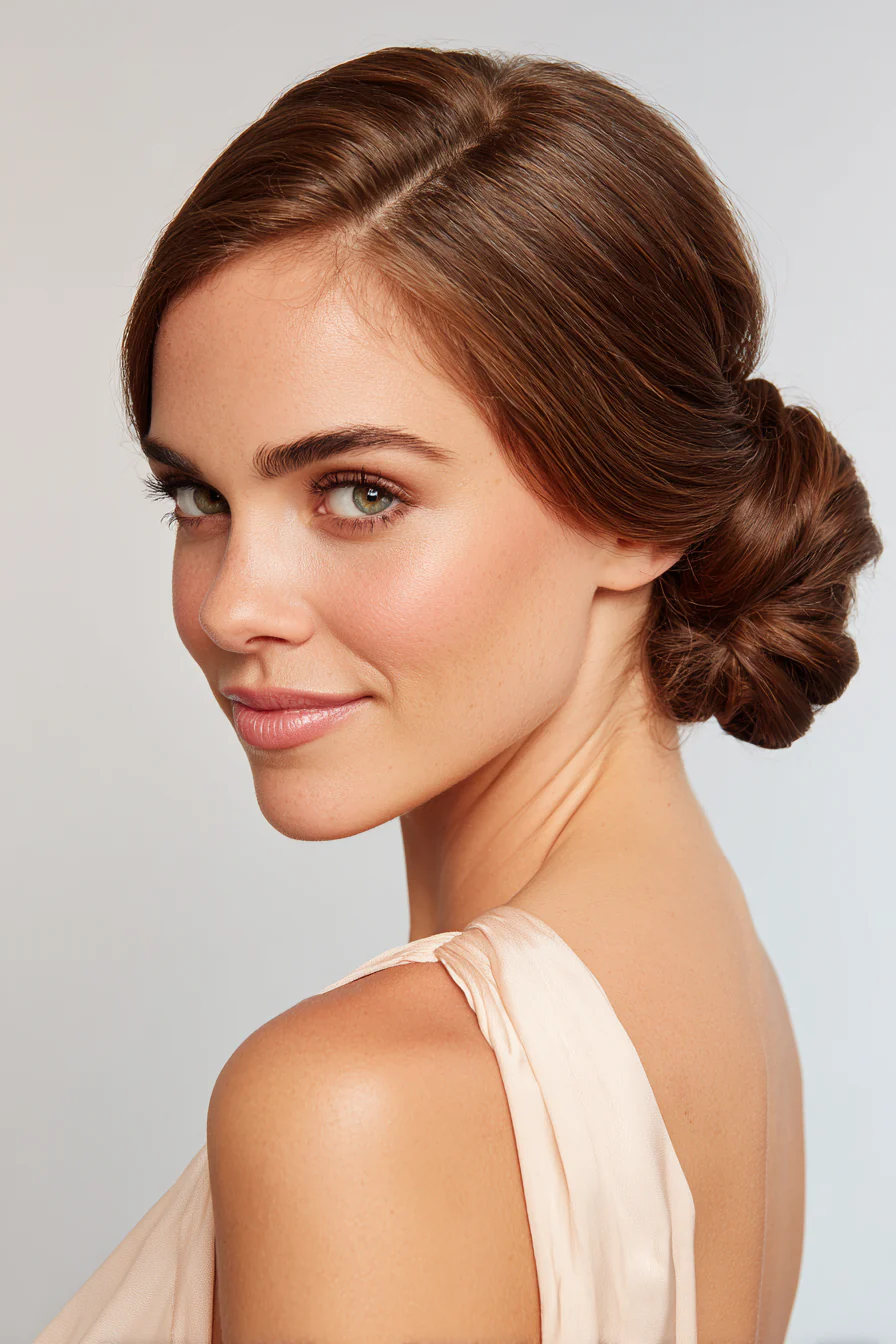 14. French Twist in klassischem Mittelbraun (Brautjungfernfrisuren) – Brautjungfernfrisuren