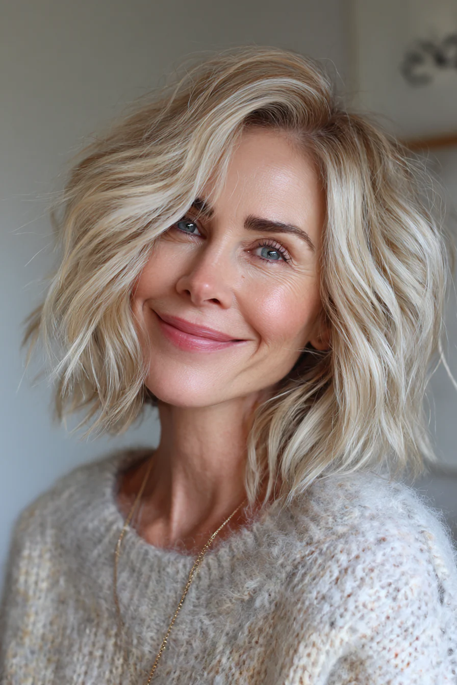 14. Sanft gewellter Lob in Buttercremeblond (kurze mittellange Frisuren für Frauen über 50) – Kurze mittellange Frisuren für Frauen über 50