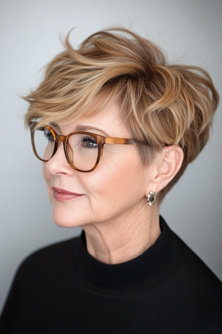 14. Goldbrauner Pixie mit umgedrehten Schichten (Pixie-Haarschnitte für Frauen über 60 mit Brille) – Pixie-Haarschnitte für Frauen über 60 mit Brille