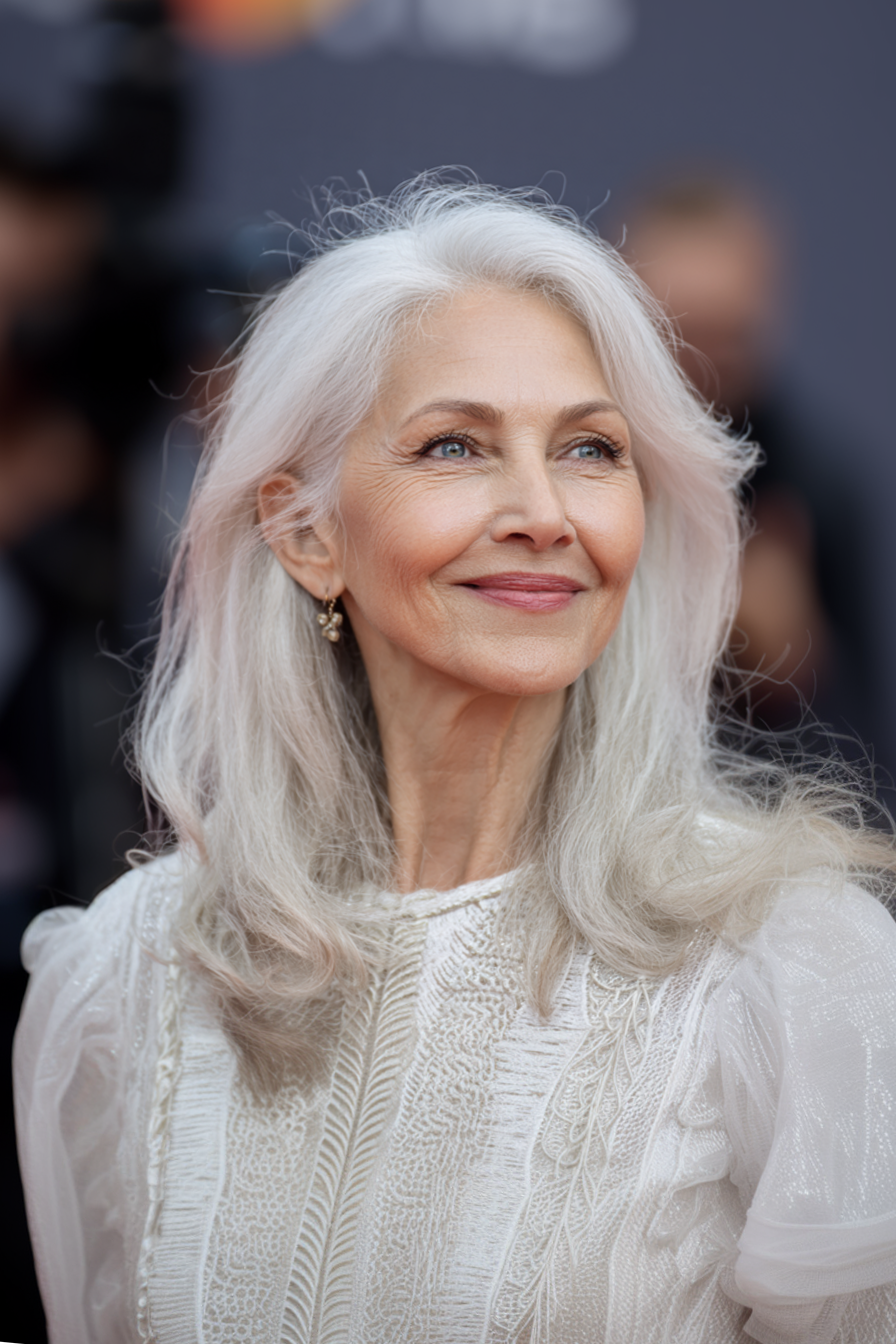 14. Elfenbeinperlen gefiederter Vorhang (längere Haarschnitte für ältere Frauen) - längere Haarschnitte für ältere Frauen