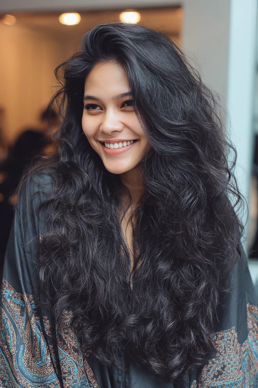 14. Tiefschwarze, flauschige Boho-Wellen (Boho-Frisuren) – Boho-Frisuren