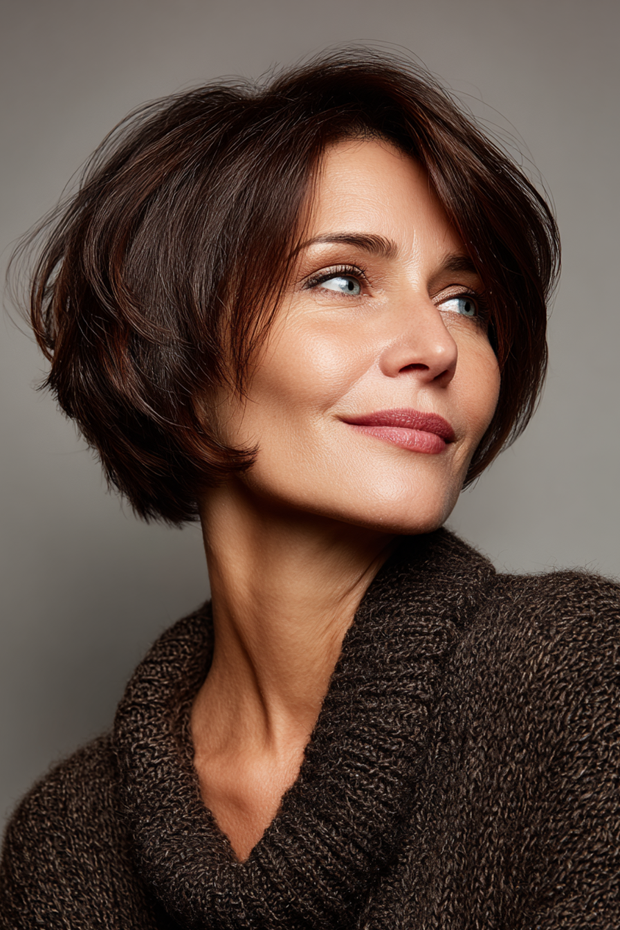 14. Layered Bob mit abgerundeter Form in dunklem Espresso (kurze Bob -Haarschnitte für Frauen über 50) - kurze Schichthaarschnitte für Frauen über 50