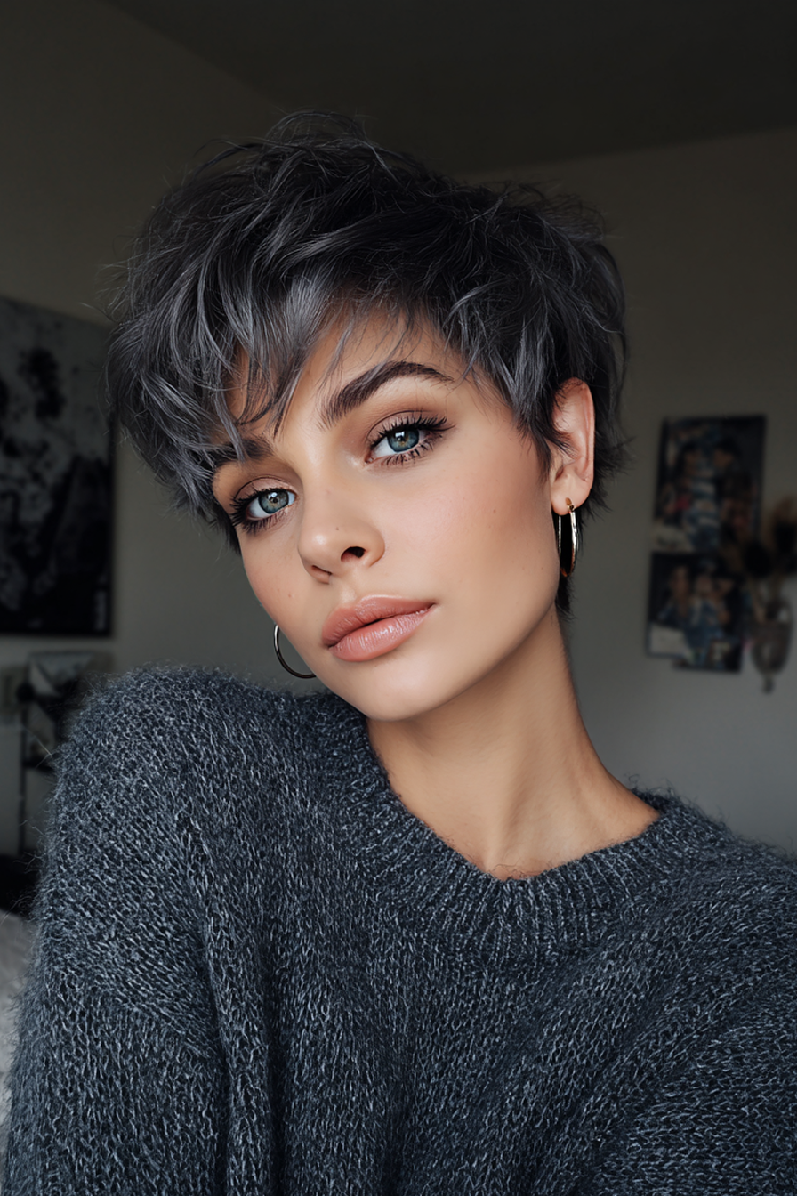 14. Layered Pixie -Bob in Graphitgrau (abgehackte geschichtete Frisuren) - abgehackte geschichtte Frisuren