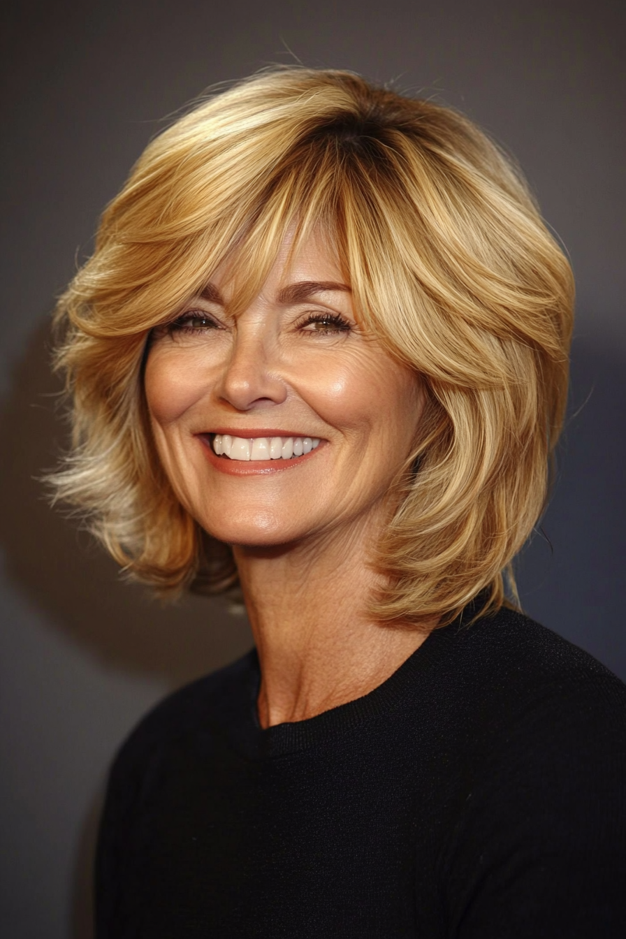 14. geschichtete schulterlange geschnittene Goldene Blondine (kühle Haarschnitte für Frauen über 50) - Kühle Haarschnitte für Frauen über 50