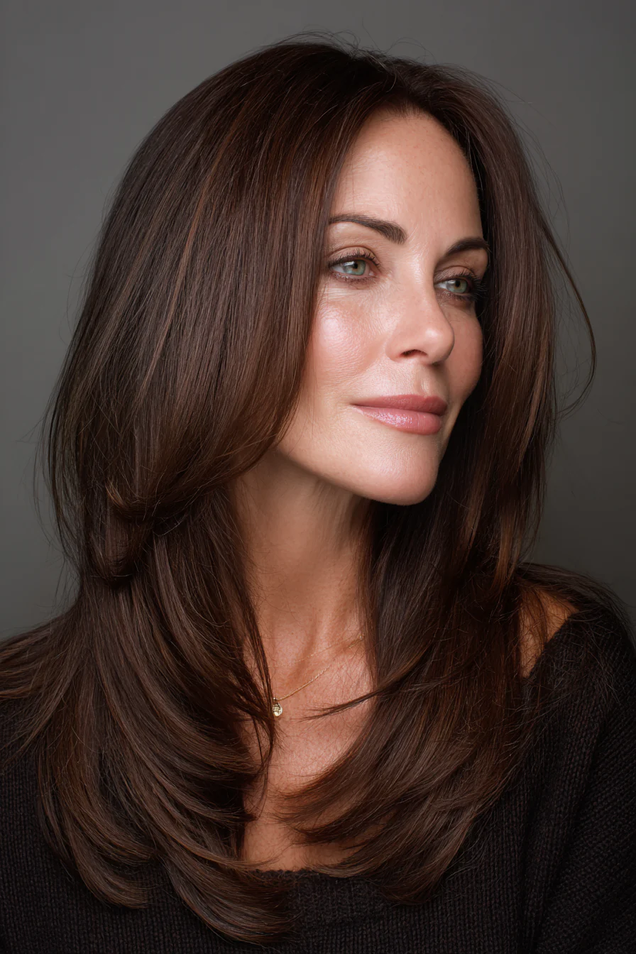 14. Lange, glatte, brünette Stufen (edle Frisuren für Frauen über 50) – edle Frisuren für Frauen über 50