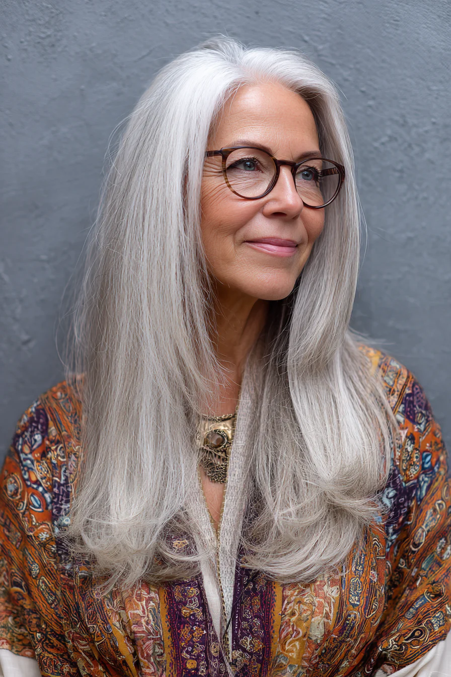 14. Lange weiße Schichten mit Mittelscheitel (Frisuren für ältere Frauen mit Brille) – Frisuren für ältere Frauen mit Brille