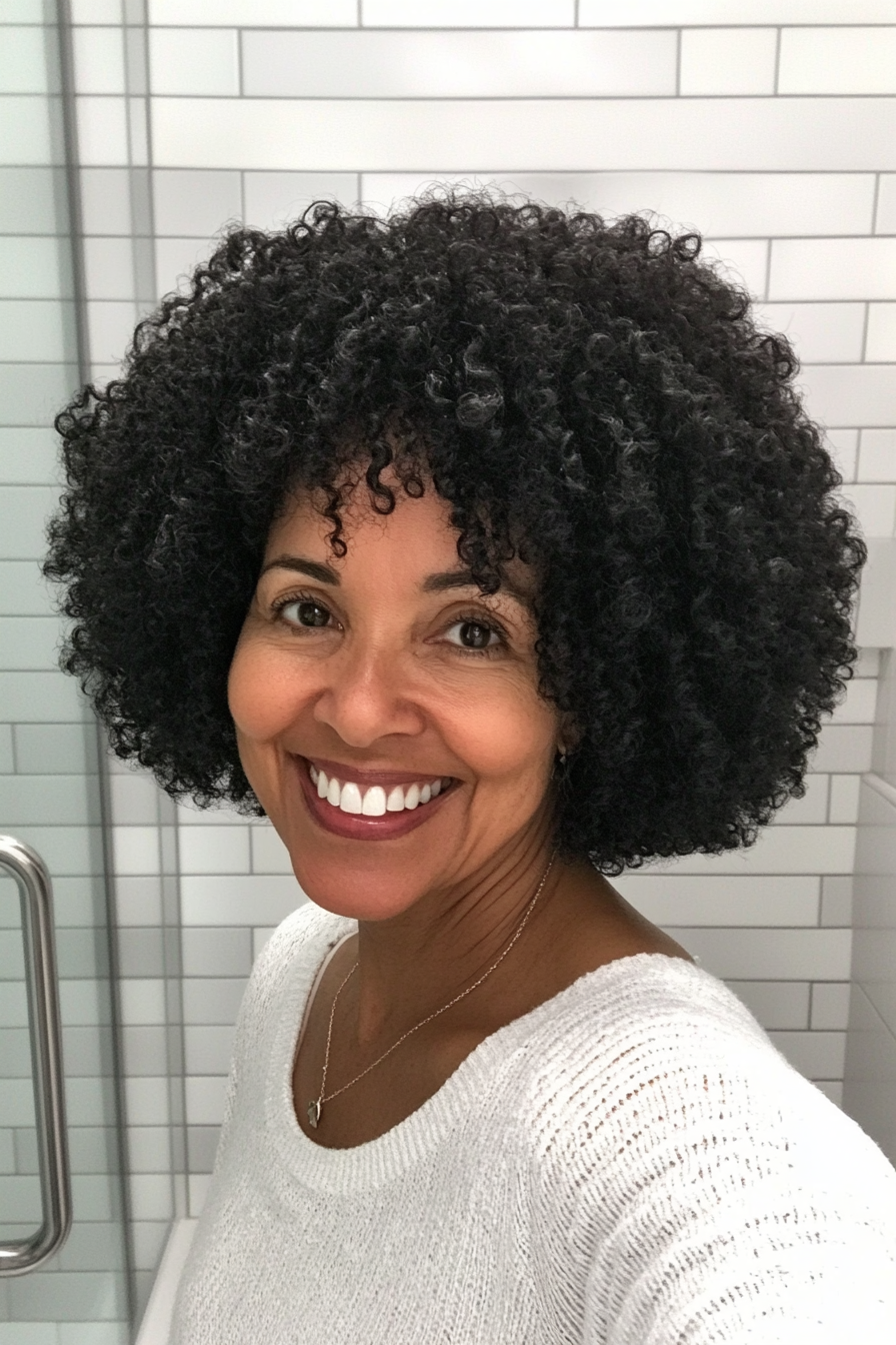 14. Niedrig verjüngter Afro mit Jetschwarz (Haarschnitte für Frauen über 50 mit lockigem Haar) - Haarschnitte für Frauen über 50 mit lockigem Haar