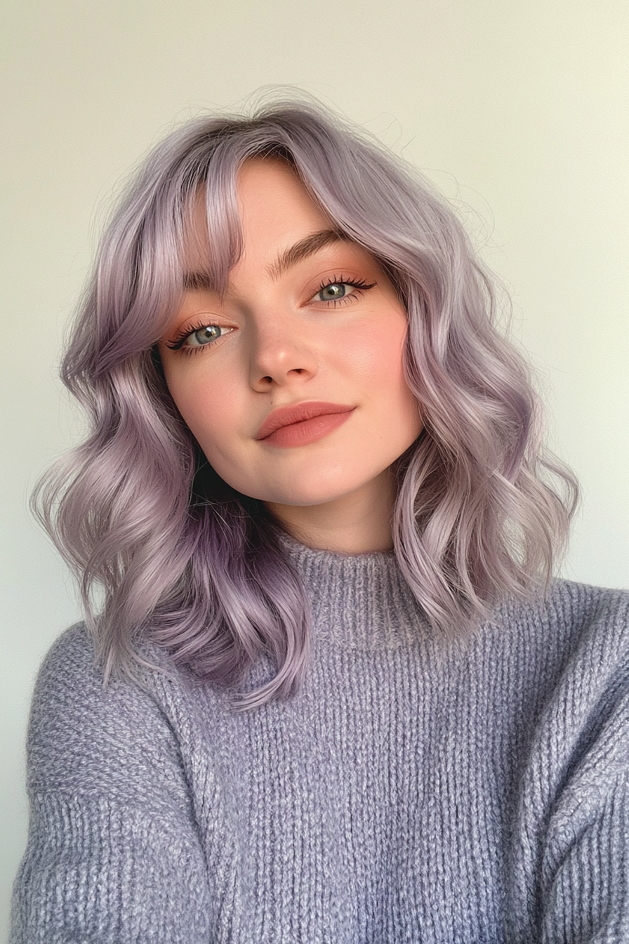 14. Mittelschichten in staubigem Flila (wellige Haarschnitte mit Vorhang Pony) - wellige Haarschnitte mit Vorhangstücken