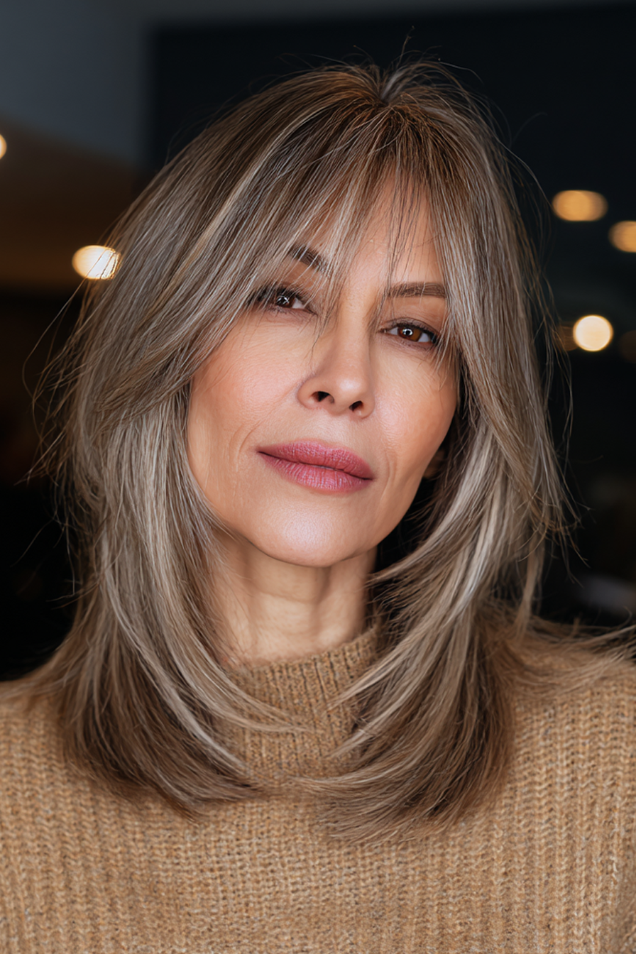 14. Mittellanger Wolfsschnitt – Gesichtsrahmen in rauchigem Beige (Mittellange Haarschnitte für Frauen über 50 mit feinem Haar) – Mittellange Haarschnitte für Frauen über 50 mit feinem Haar