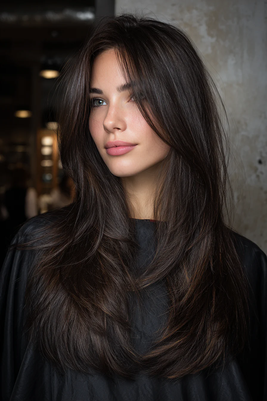 14. Natürliche brünette Lametta-Schichten (gerade Grunge-Frisuren) – gerade Grunge-Frisuren