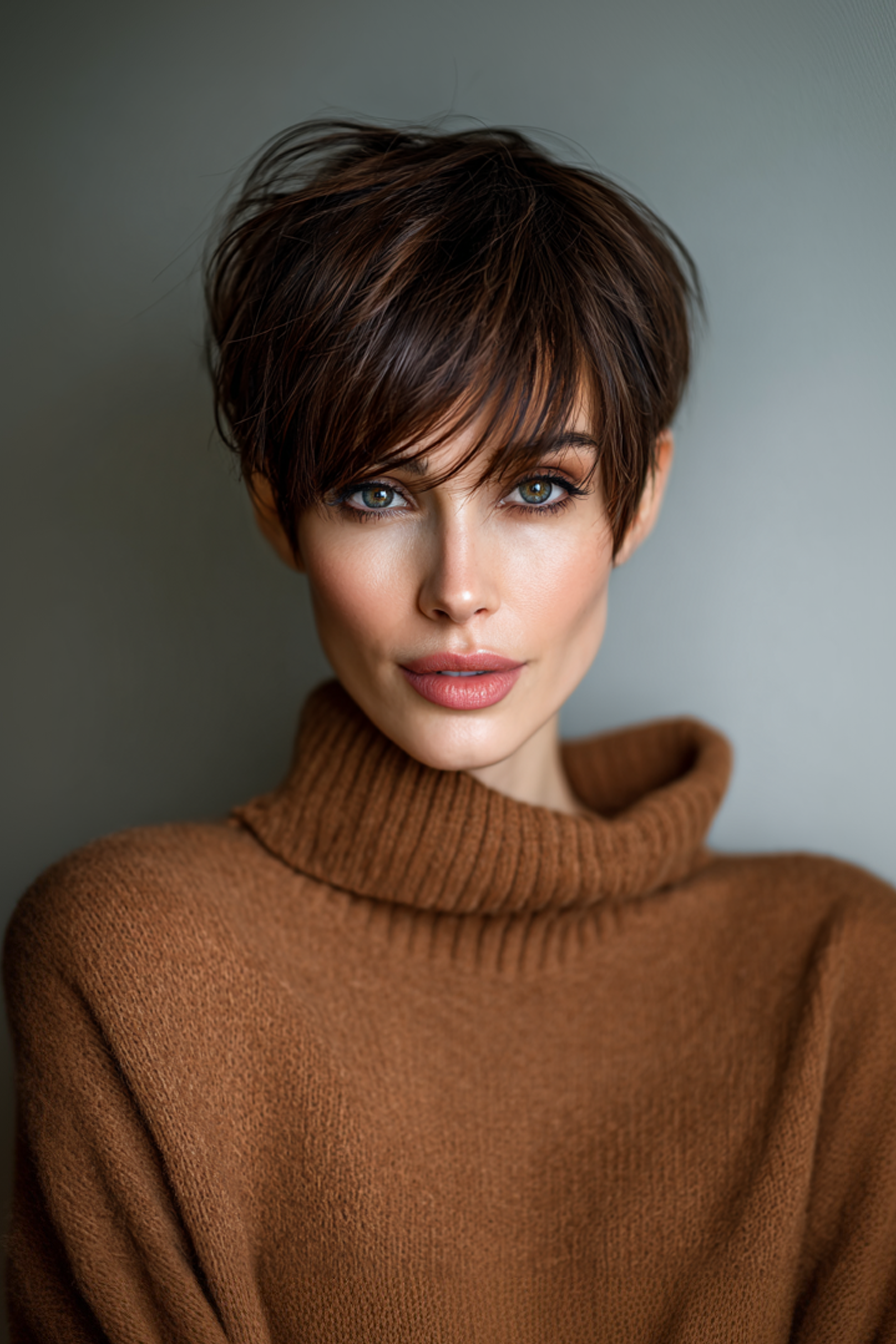 14. Pixie mit langen Pony und Mokka Brown (jugendliche Haarschnitte für Frauen über 50) - jugendliche Haarschnitte für Frauen über 50