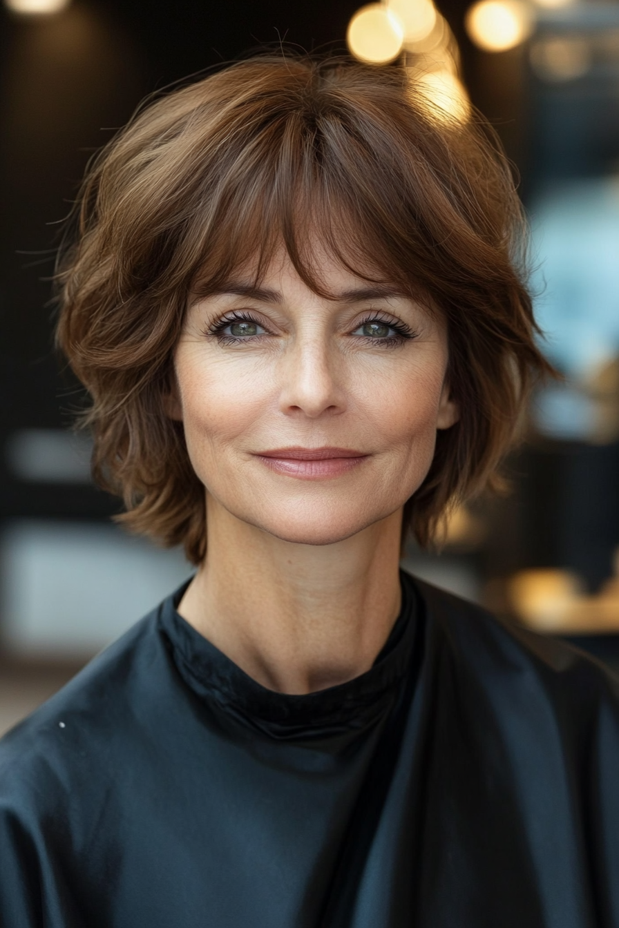 14. Rundete Bob mit Pony in Chestnut Brown (Haarschnittideen für Frauen über 50) - Haarschnittideen für Frauen über 50