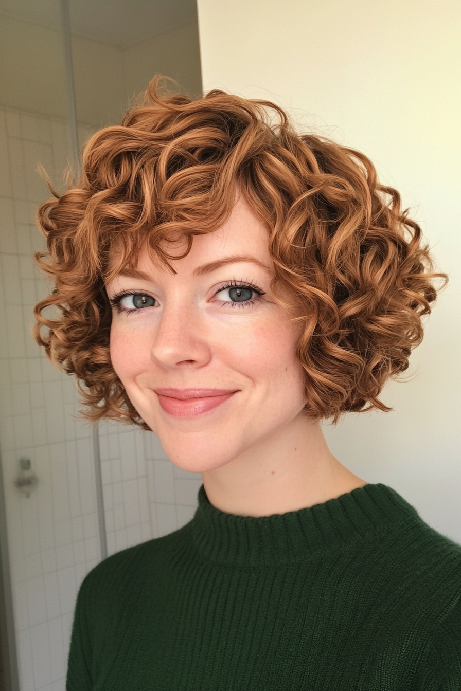 14. Kurzer lockiger Bob in goldbraunem (Frisuren für kurze Haare) - Frisuren für kurze Haare
