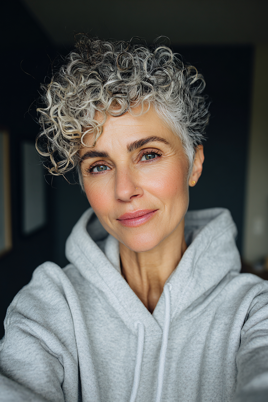 14. kurze lockige graue Ernte mit sich verjüngten Seiten (schicke Frisuren für Frauen über 50 mit grauem Haar) - schicke Frisuren für Frauen über 50 mit grauen Haaren