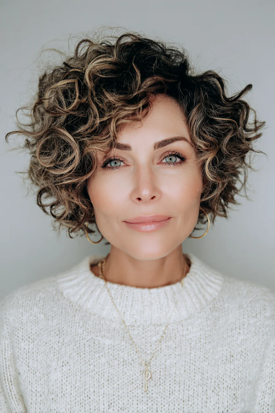 14. Kurzer, lockiger Shag-Bob in Mokka-Balayage (kurze Frisuren für Frauen über 60 mit lockigem Haar) – Kurze Frisuren für Frauen über 60 mit lockigem Haar