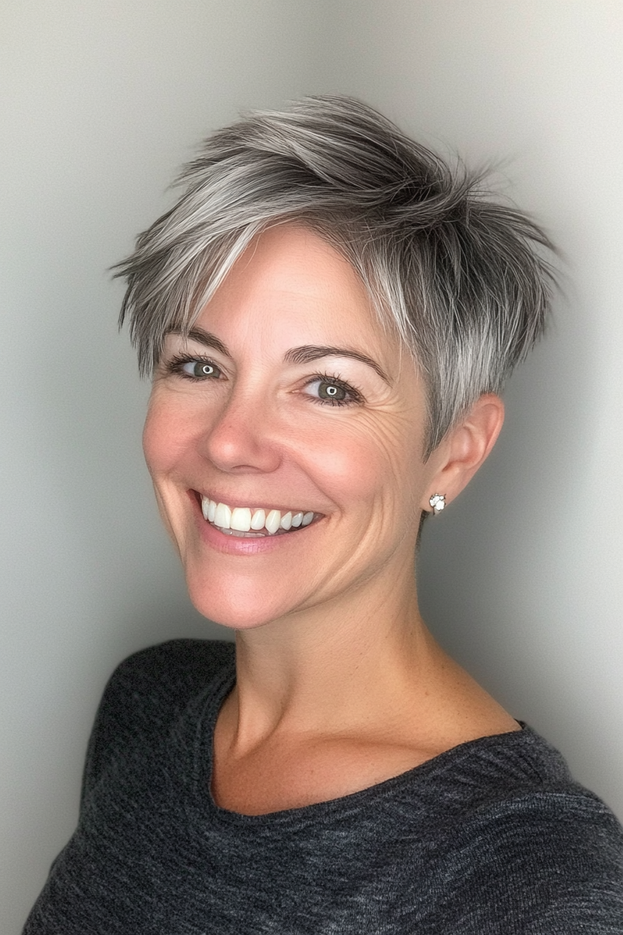 14. Kurzer Rasierer geschnitten mit natürlichen grauen Highlights (kurze Haarschnitte für Frauen über 50 mit dickem Haar) - kurze Haarschnitte für Frauen über 50 mit dickem Haar