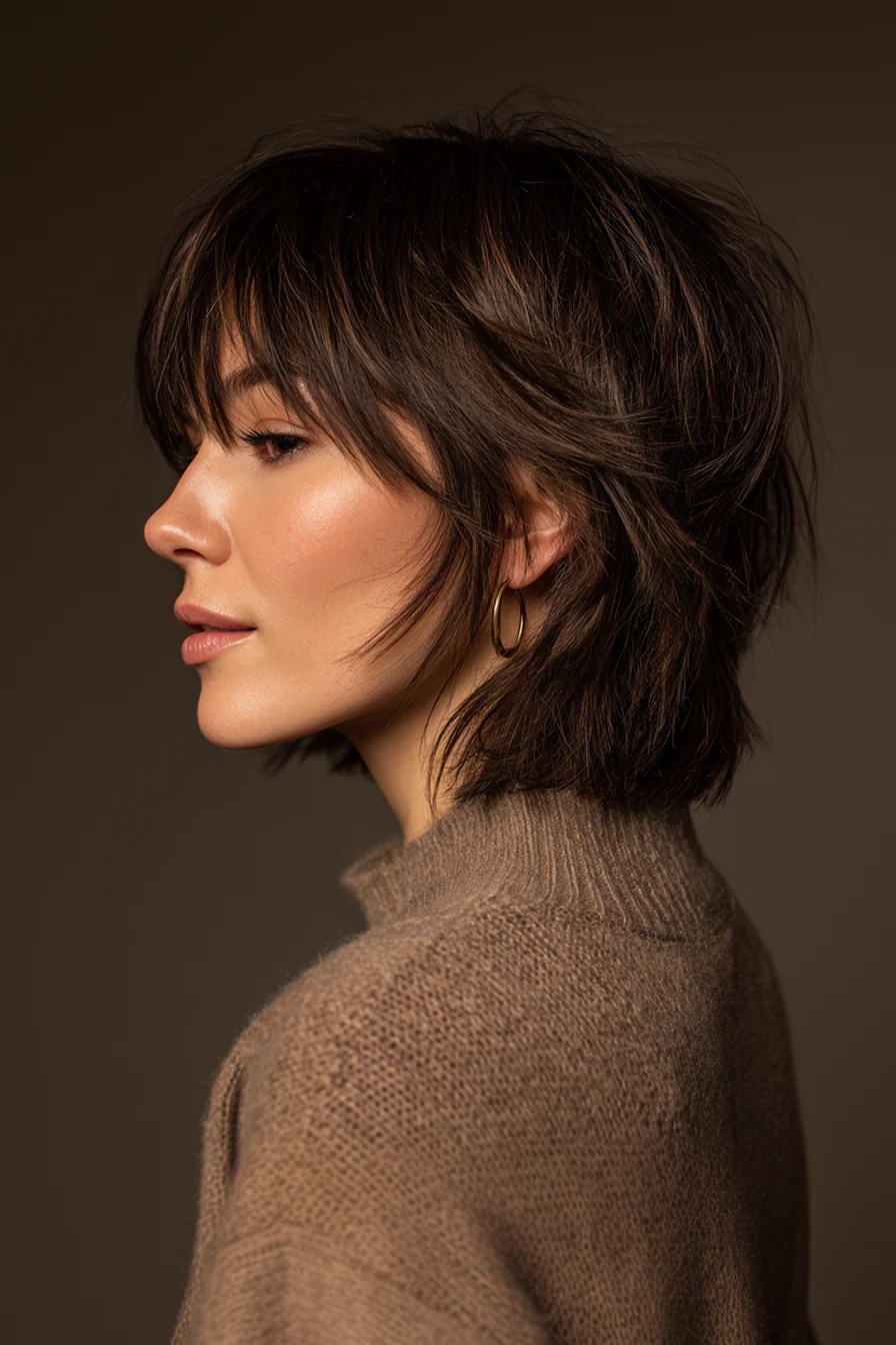 14. Kurzer Shag mit rauchigen, brünetten Curtain Bangs (Curtain Bangs Haircuts) – Curtain Bangs Haircuts