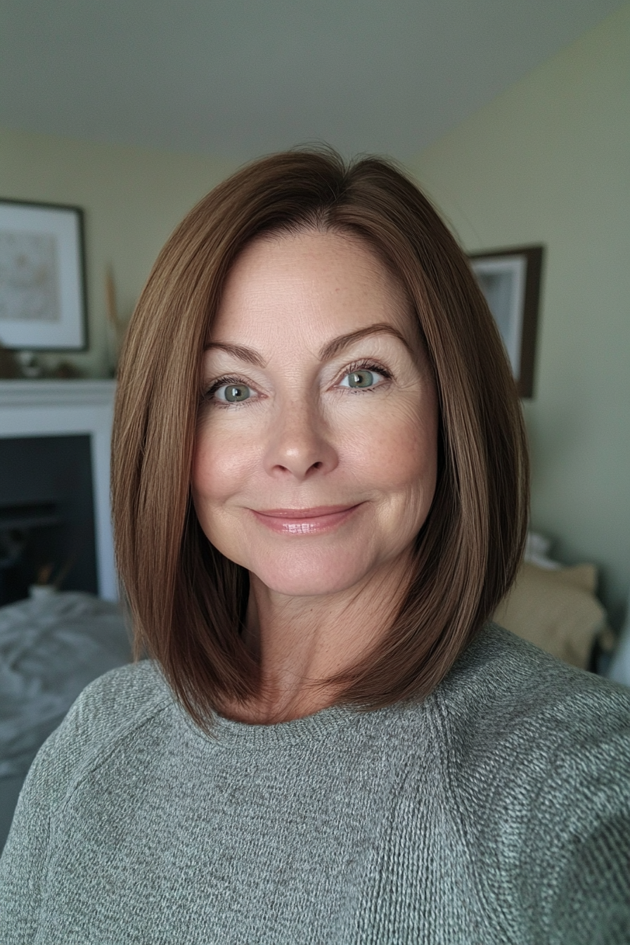 14. Schulterlange stumpfgeschnitten in mittelbrauner (Hüftfrisuren für Frauen über 50) - Hüftfrisuren für Frauen über 50