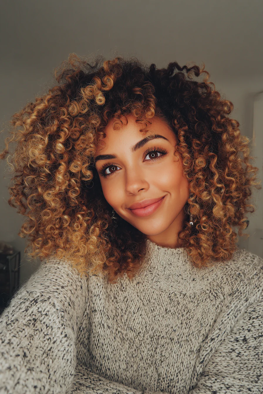 14. Schulterlanger Lockenschnitt mit spitz zulaufenden Enden in goldener Buttercreme (Mittellange Haarschnitte für lockiges Haar) – Mittellange Haarschnitte für lockiges Haar