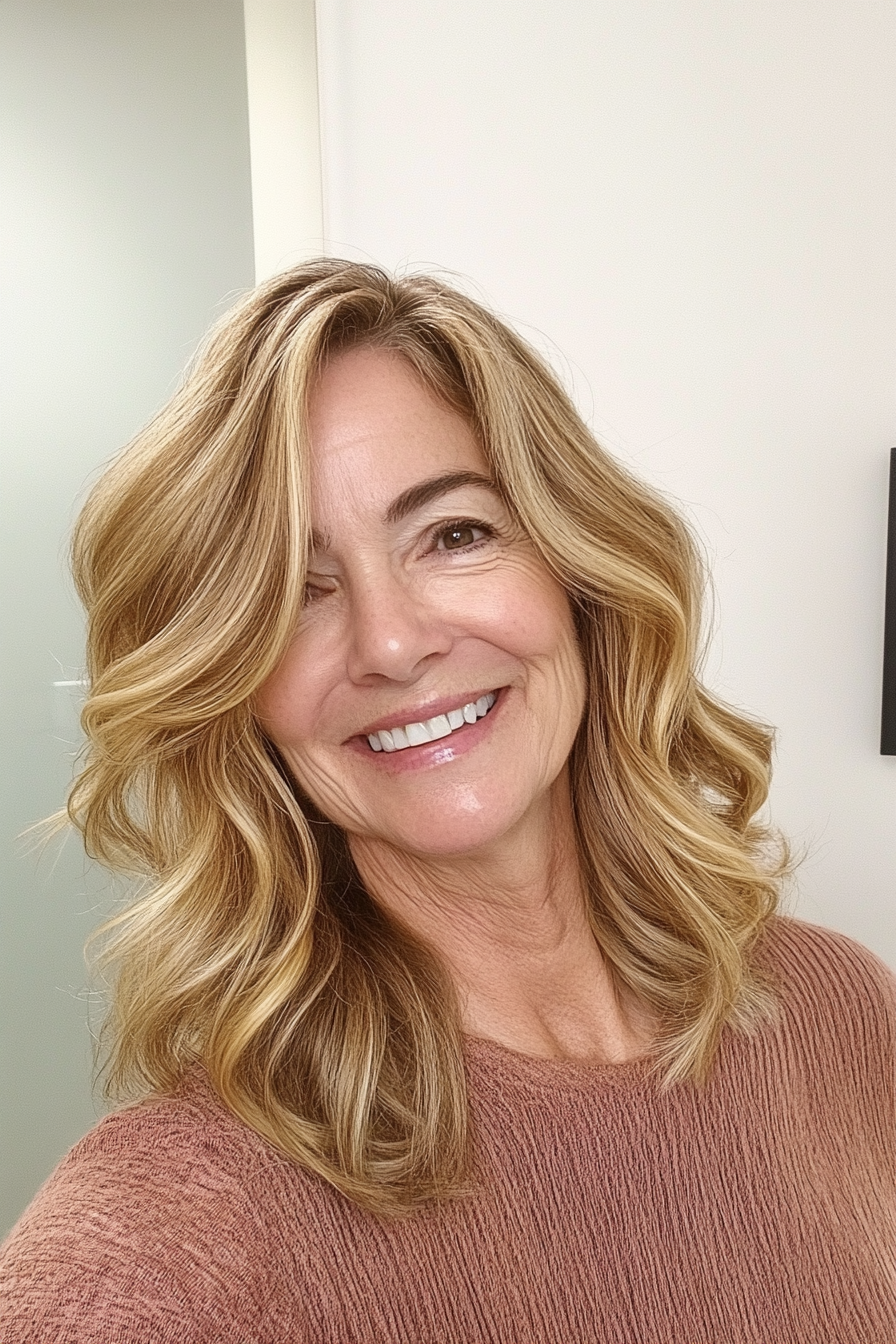 14. Neben -partierte Wellen in Honigblondine (Haarschnitte für Frauen über 60 mit welligen Haaren) - Haarschnitte für Frauen über 60 mit welligen Haaren