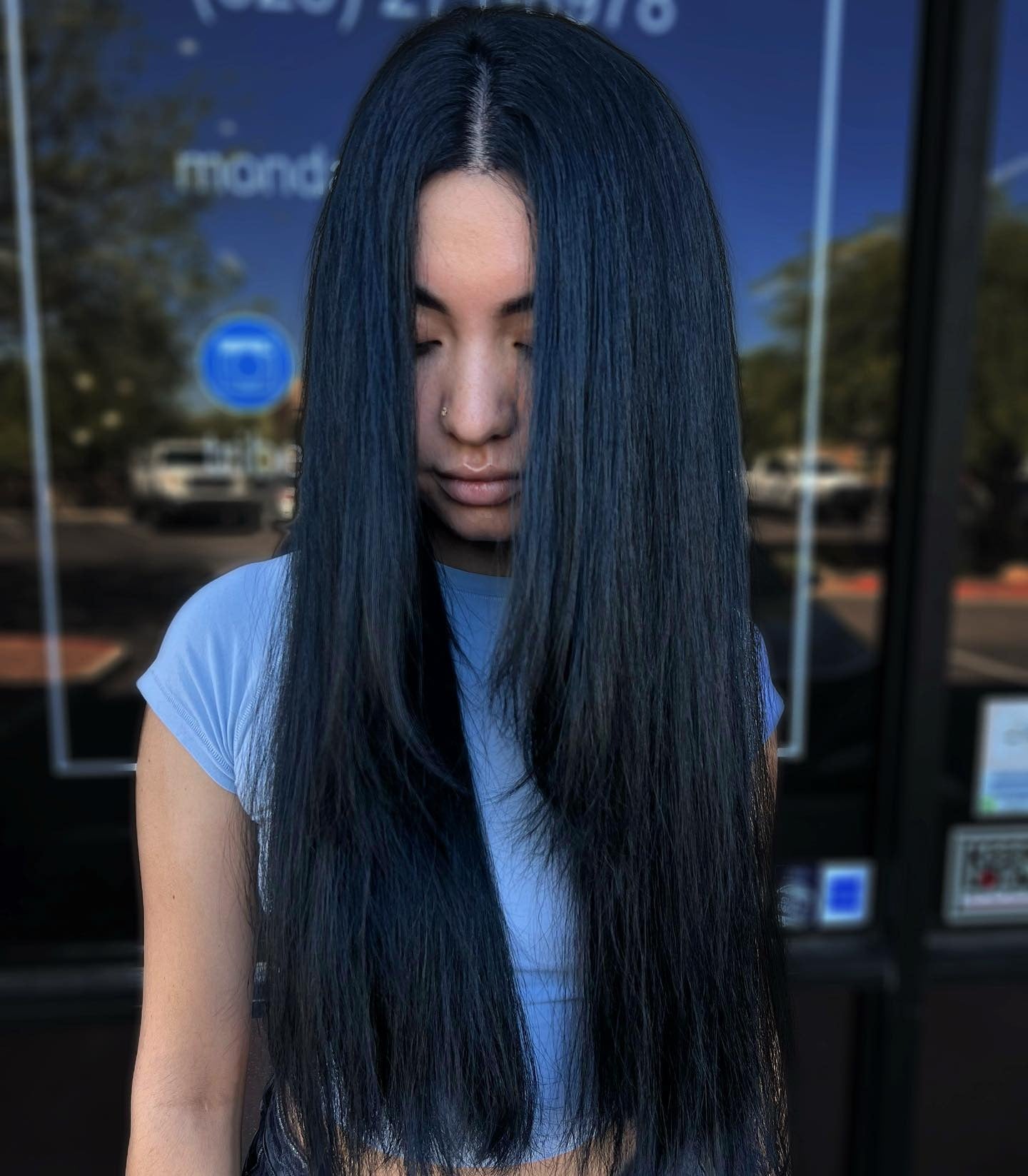 14. Schlanke blau-schwarze Länge mit Mitte Teil (blau schwarze Haarfarbe)