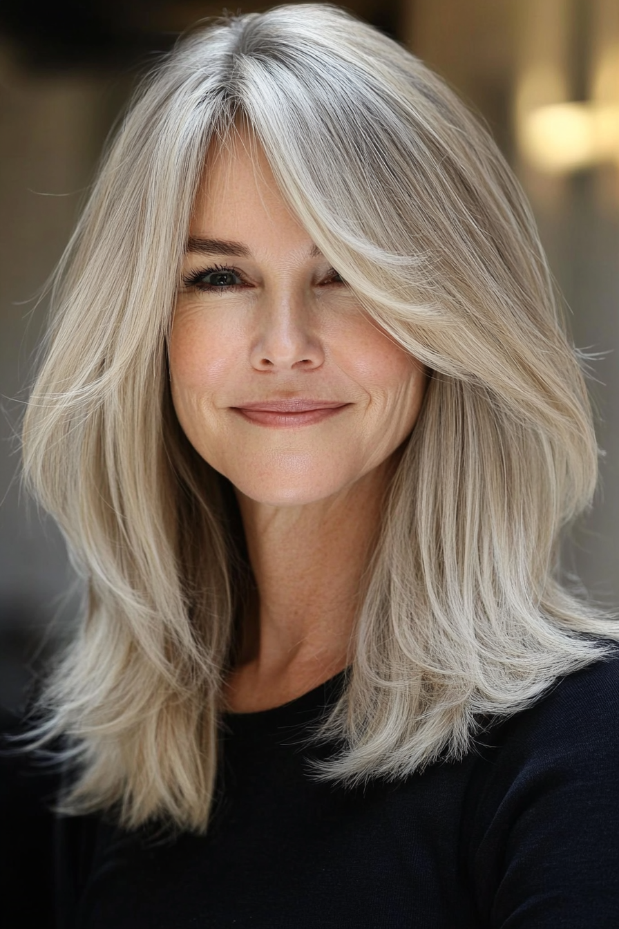 14. Soft Ash Blonde Lob mit Vorhang Pony (schicke Frisuren für Frauen über 50) - schicke Frisuren für Frauen über 50