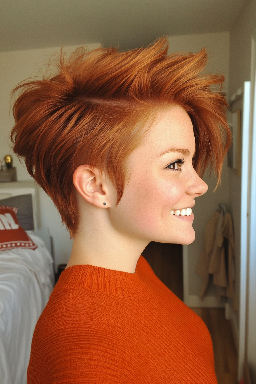 14. Weicher Auburn Faux Hawk mit wispigen Schichten (Faux Hawk -Haarschnitte für Frauen) - Faux Hawk -Haarschnitte für Frauen