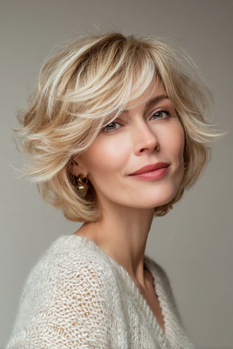 14. Weicher Federschnitt in cremigem Beigeblond (Haarschnitte für Frauen über 60 mit schütterem Haar) – Haarschnitte für Frauen über 60 mit schütterem Haar