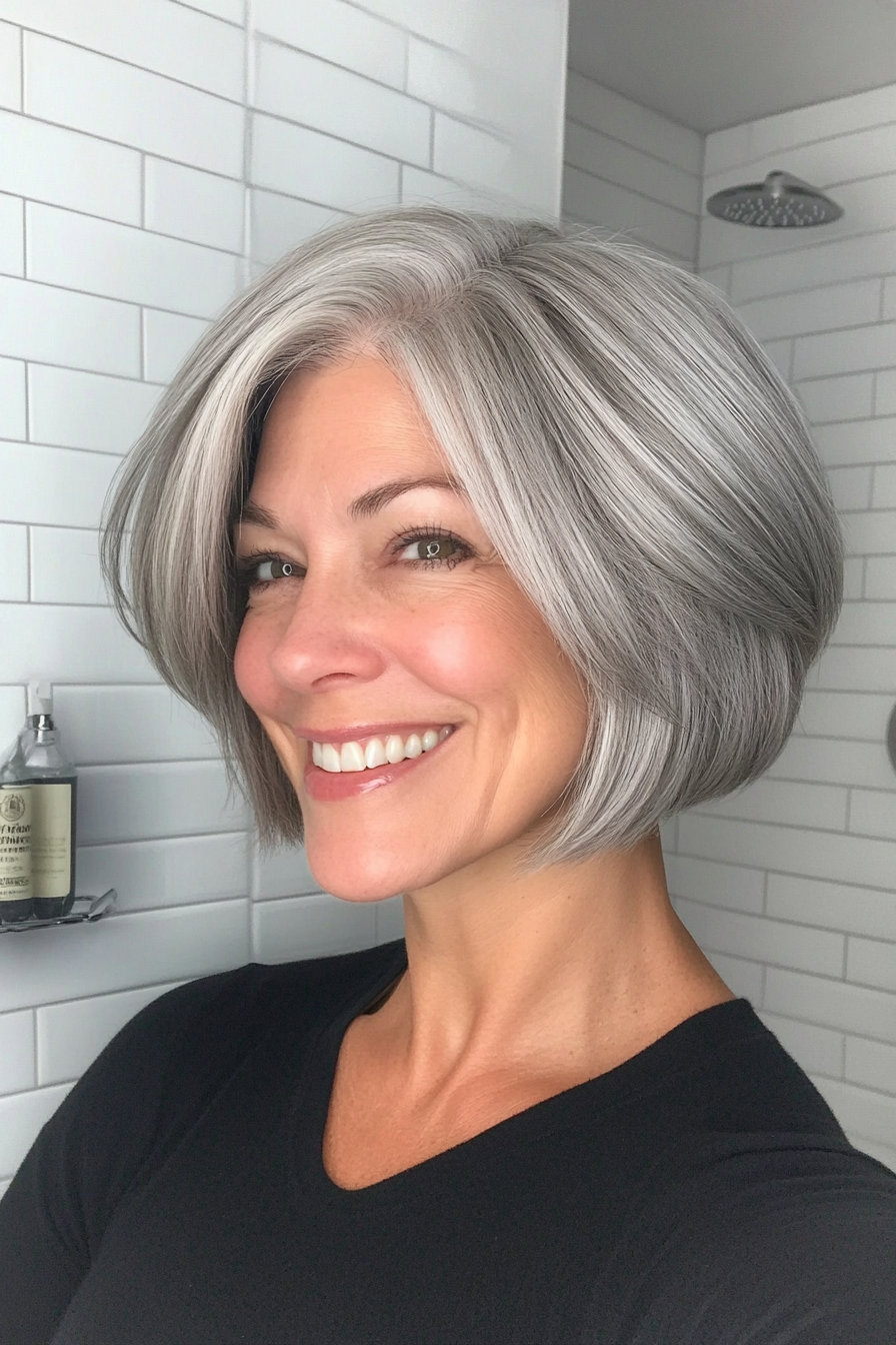 14. Stapelte Bob in Silbergrau (mittel- bis kurze Haarschnitte für Frauen über 50) - mittel- bis kurze Haarschnitte für Frauen über 50