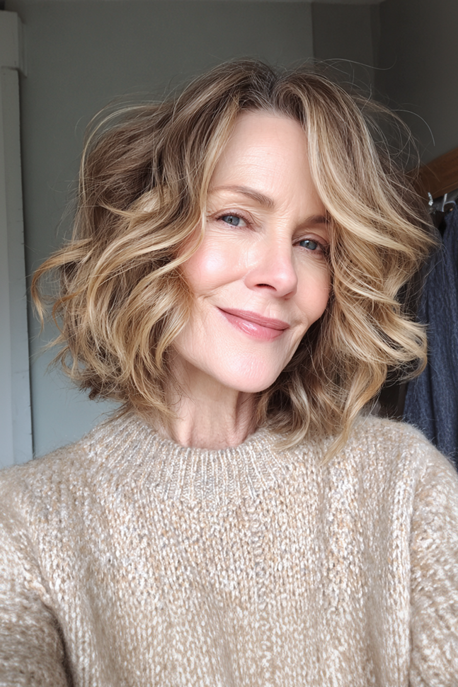 14. Sonne -Kusswellner Bob (kurze Frisuren für Frauen über 50 mit welligen Haaren) - kurze Frisuren für Frauen über 50 mit welligen Haaren