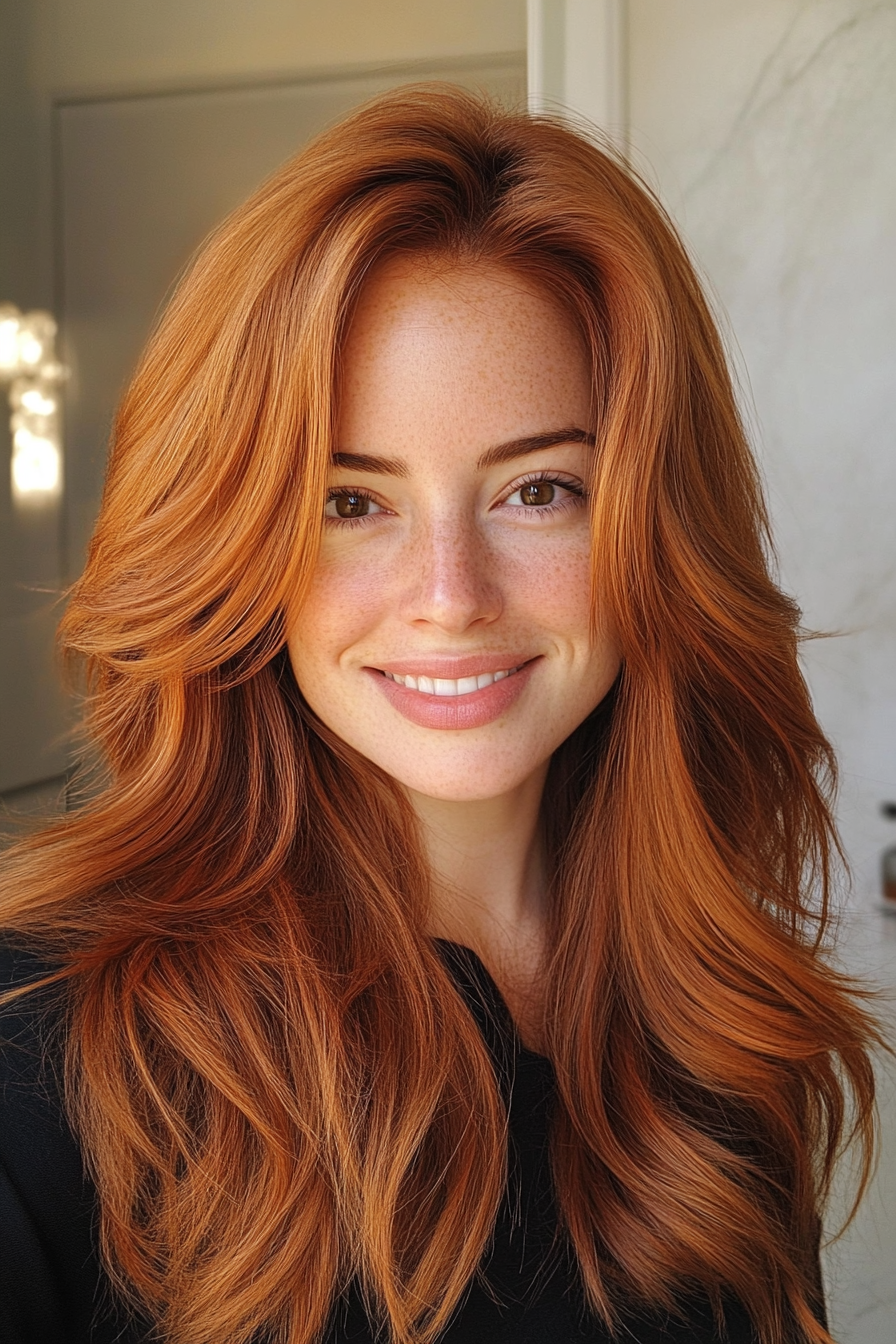 14. Sonnenbefiederte Auburn gefiederte Schichten (lang geschichtete Haarschnitte) - lang geschichtete Haarschnitte