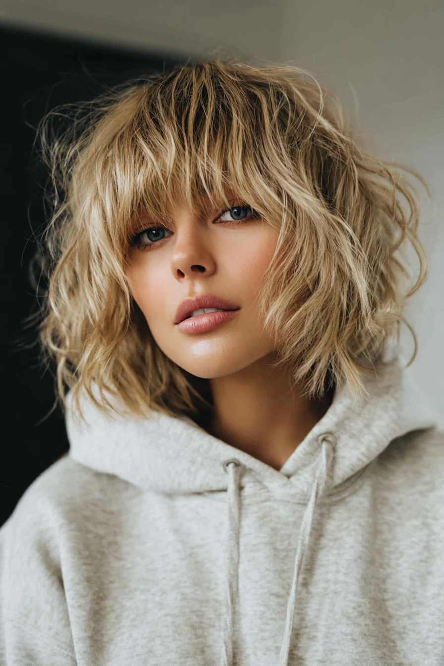 14. Strukturierter Beach-Wave-Bob mit sandblondem Pony (Bob-Frisuren mit Pony) – Bob-Frisuren mit Pony