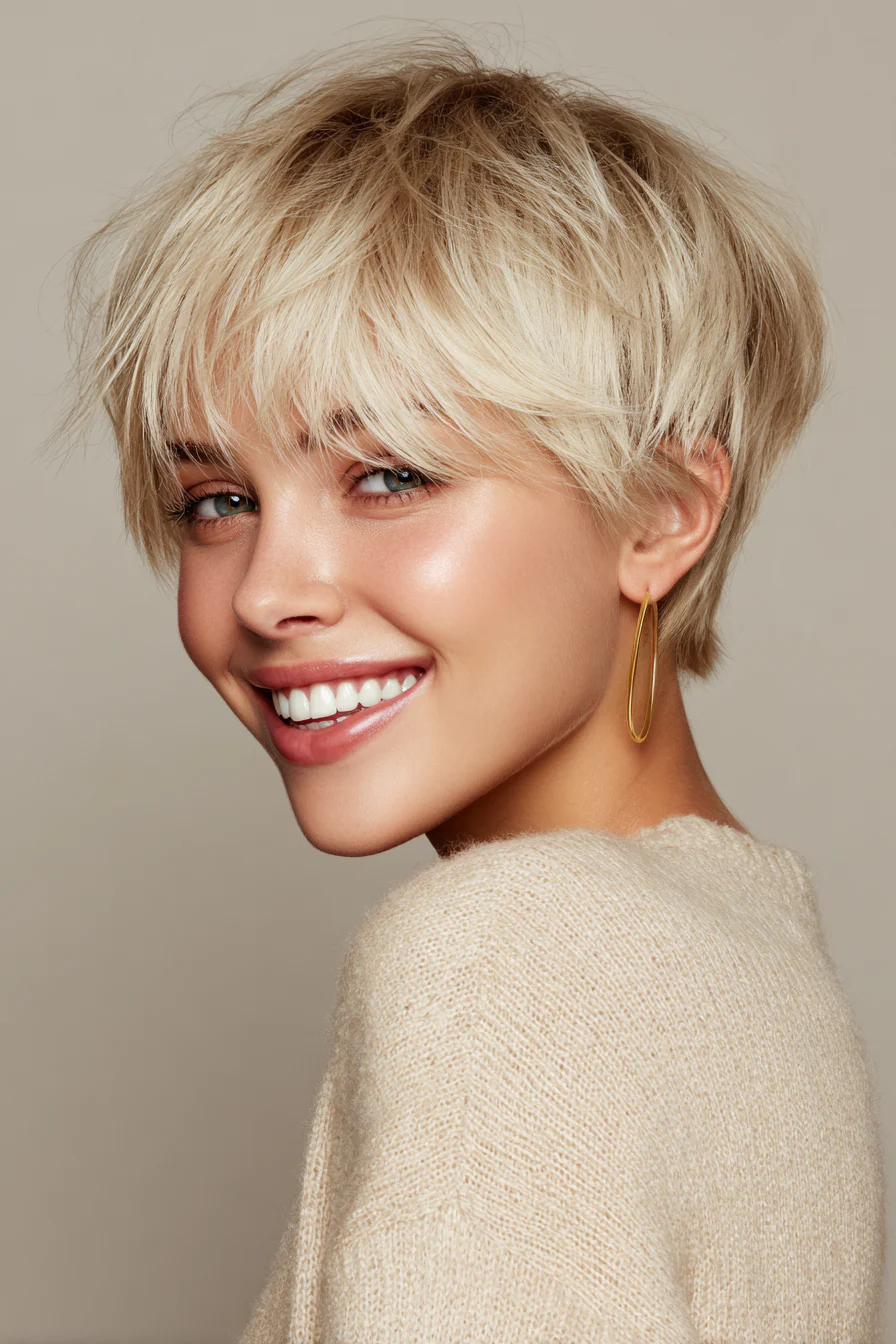 14. Strukturierter blonder Pixie mit Pony (kurze blonde Frisuren) – Kurze blonde Frisuren