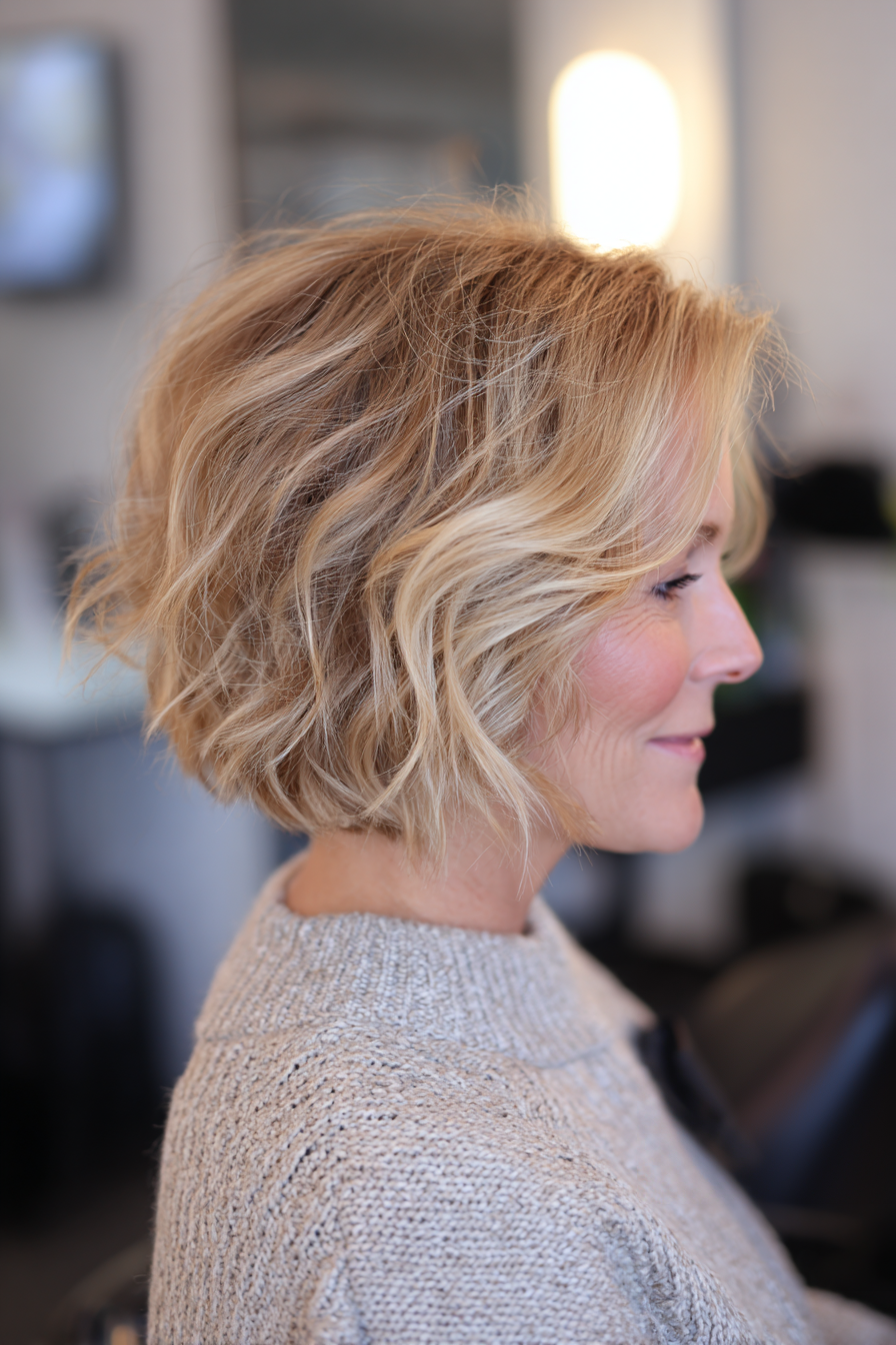 14. Vousled Bob mit sandblonden Balayage (Kinnlänge Haarschnitte für ältere Frauen) - Haarschnitte für ältere Frauen kinnlänge