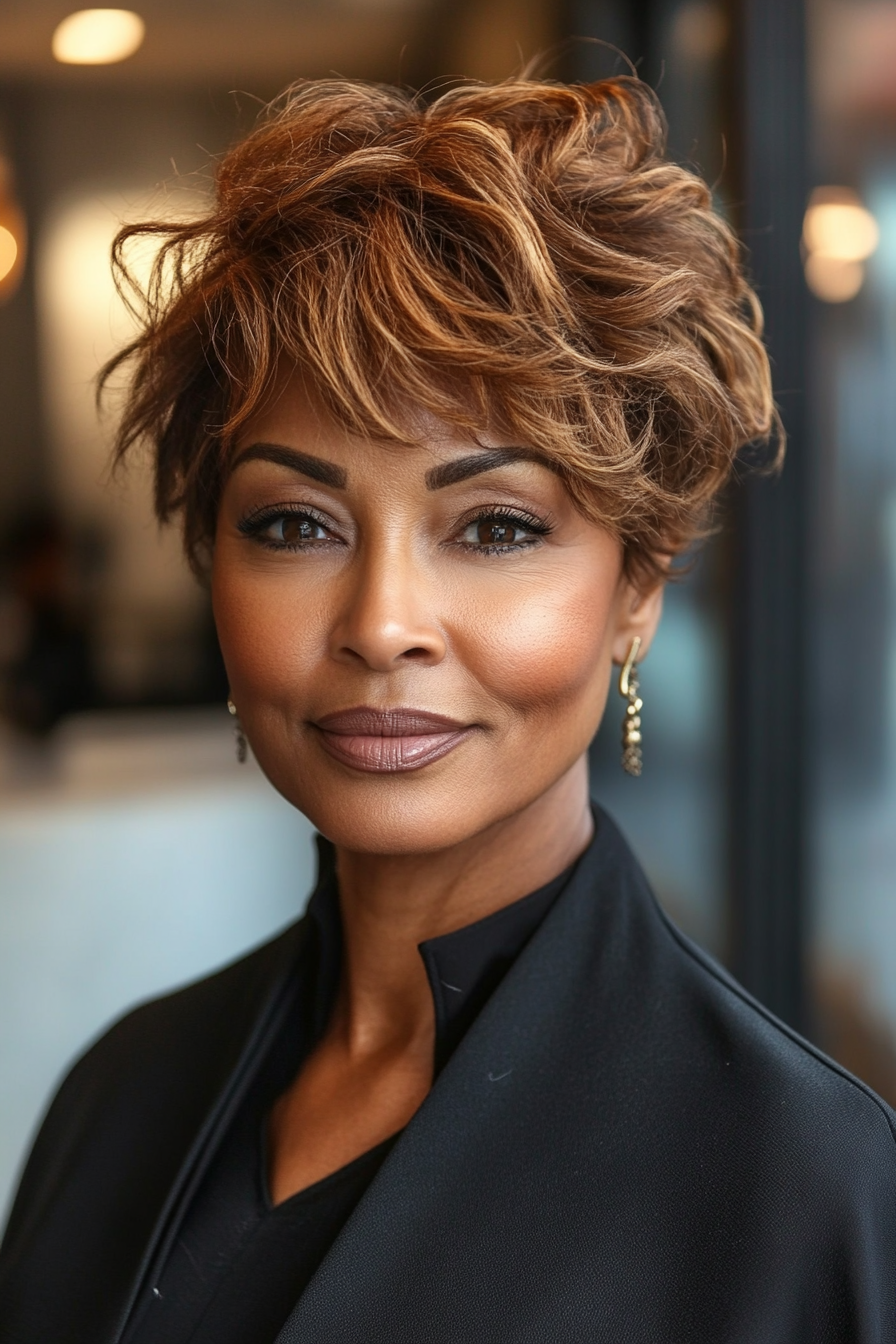 14. Zerzauster Pixie in Karamellbraun (Pixie-Haarschnitte für schwarze Frauen über 60) – Pixie-Haarschnitte für schwarze Frauen über 60