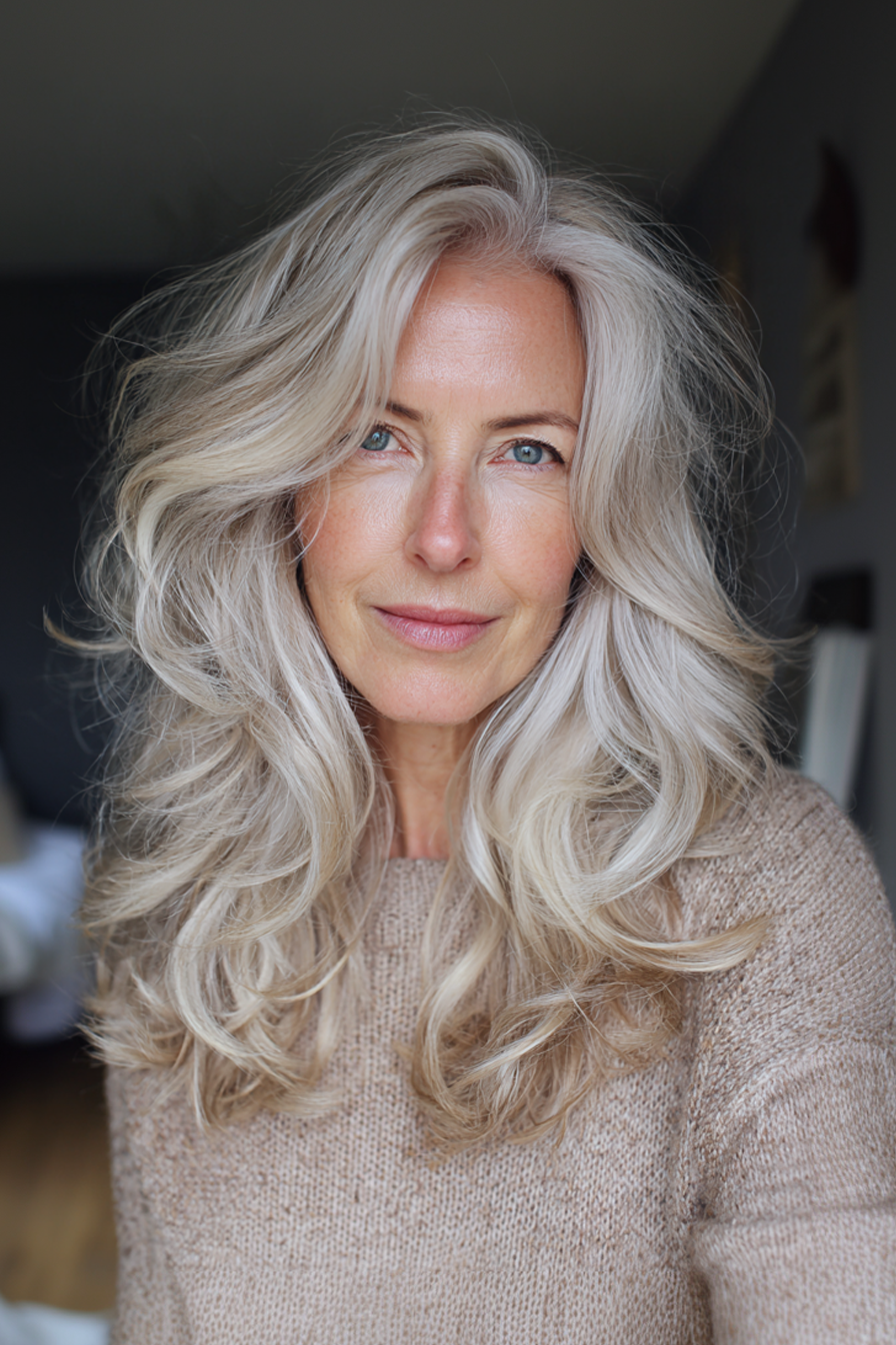 14. Voluminöse weiche Schichten in Perlenblondine (Frisuren für ältere Frauen mit welligem Haar) - Frisuren für ältere Frauen mit welligem Haar