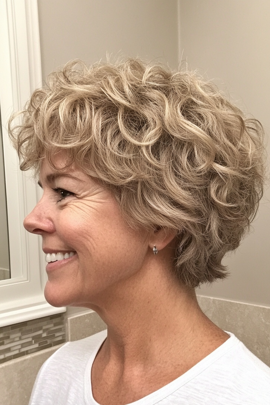 14. Warm beige gepixte Pixie (Haarschnitte für ältere Frauen mit lockigem Haar) - Haarschnitte für ältere Frauen mit lockigem Haar