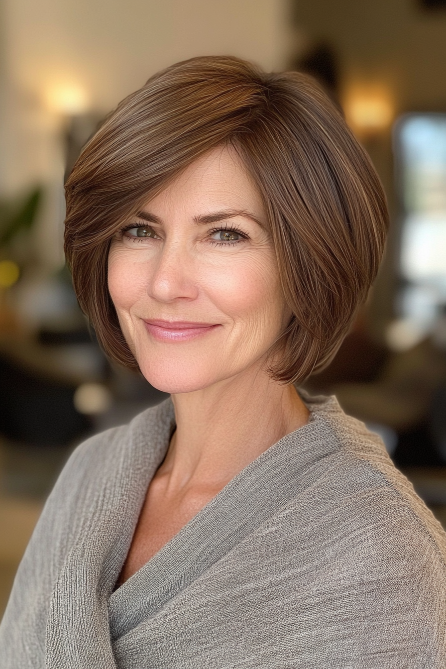 14. warmes, walnussschichtiger Bob (elegante kurze Frisuren für ältere Frauen) - Elegante kurze Frisuren für ältere Frauen