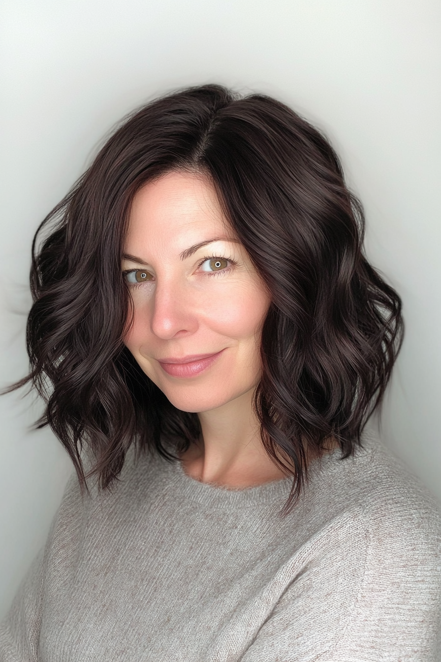 14. Wellige geschichtete Lob mit dunklem Schokoladenbraun (Frisuren für Frauen über 50 mit welligen Haaren) - Frisuren für Frauen über 50 mit welligen Haaren