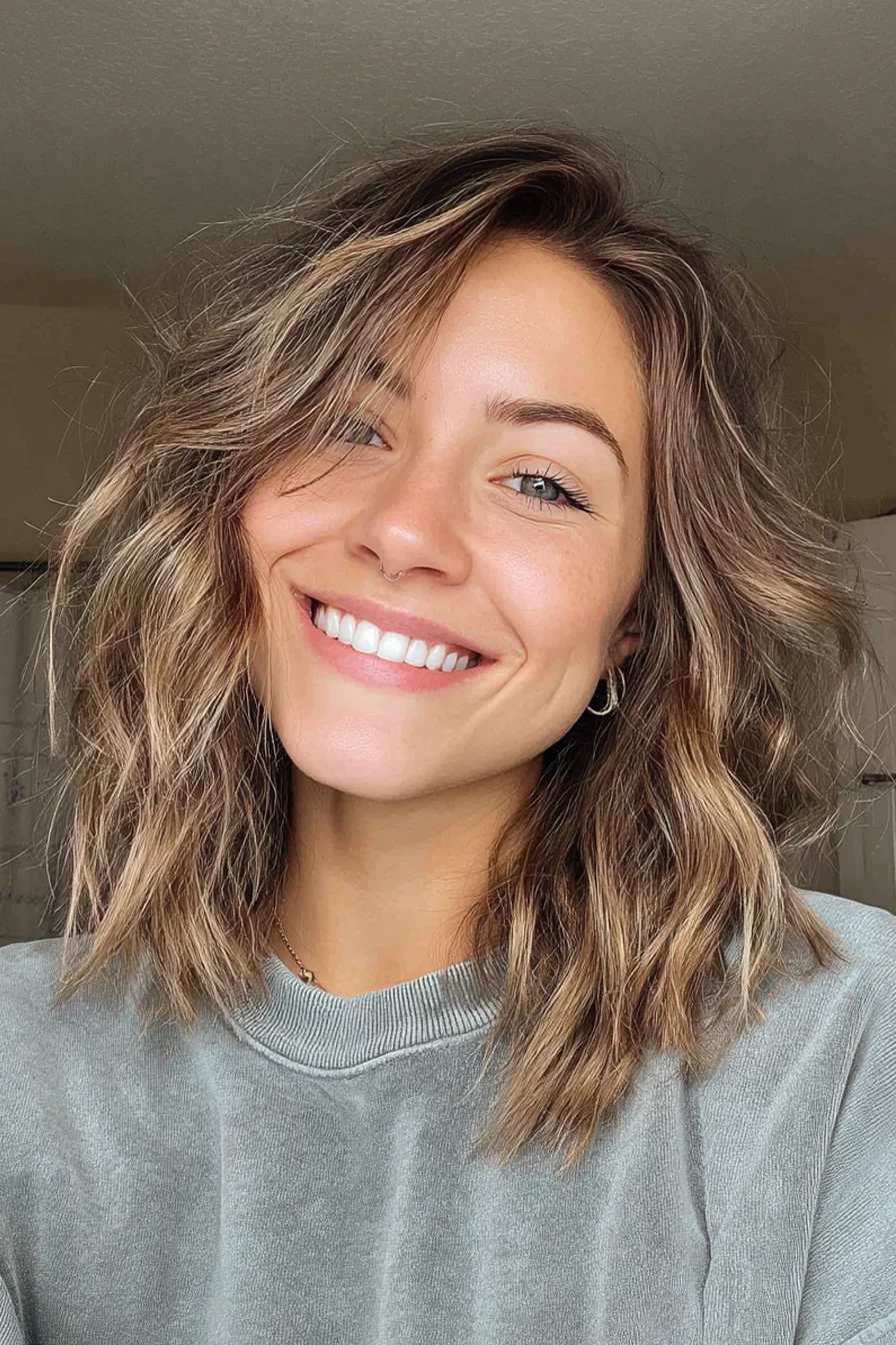 14. Wellenförmiger Schulter-Bob + neutrales Bronde (Schulterlange Bob-Frisuren) – Schulterlange Bob-Frisuren
